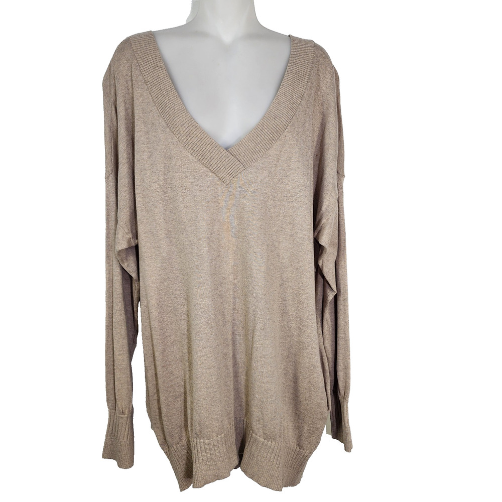 Victoria Secret Tunic Sweater Large Tan Cashmere Blend V Neck Pocket Ribbed Trim